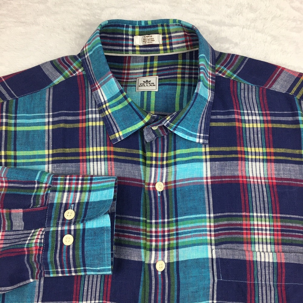 Peter Millar Crown Mens L Multicolor Plaid Linen Dress Shirt Long Sleeve